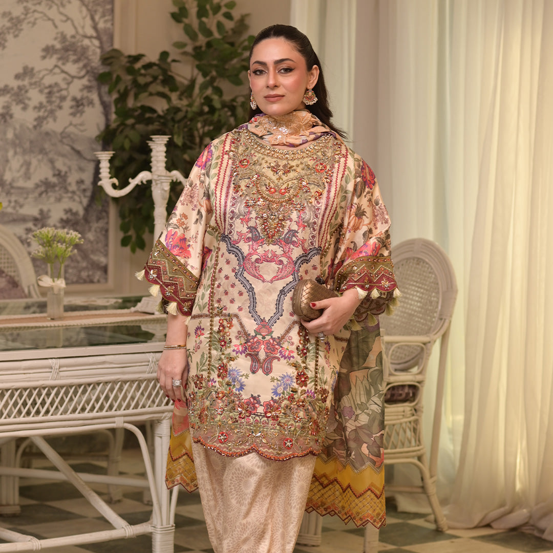 Digital print on pure shamoz with hand embroidery and embellishments paired with organza dupata
