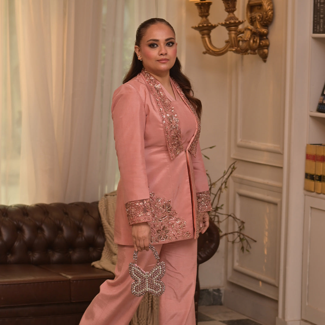 Three piece stitched coat pants and inner with hand embroidery and embellishment