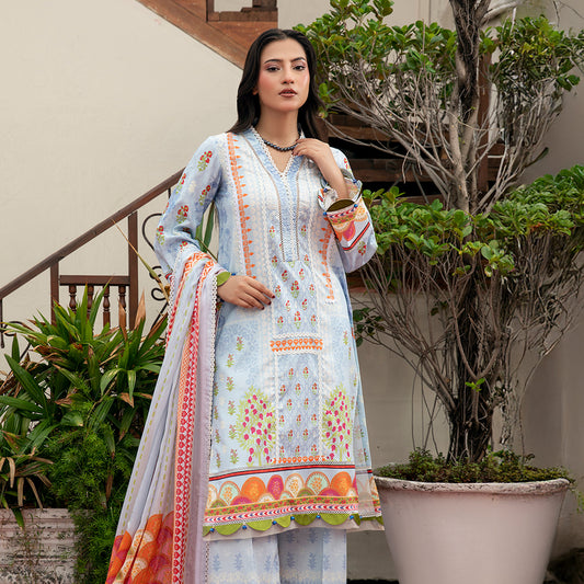 Stitched Lawn 3-Piece in Soft Blue with Multicolor Floral Patterns and Ornate Borders