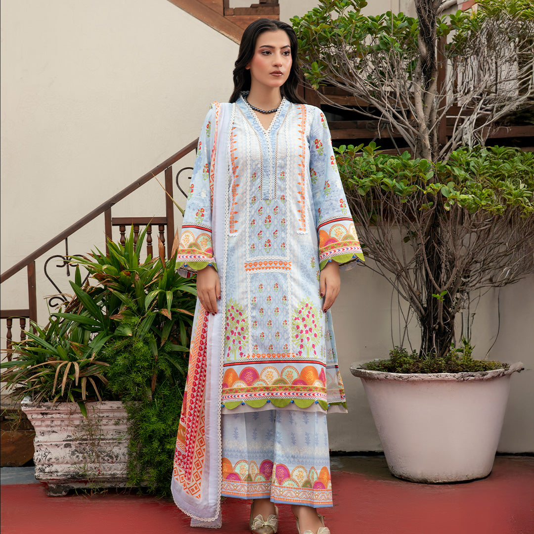 Stitched Lawn 3-Piece in Soft Blue with Multicolor Floral Patterns and Ornate Borders