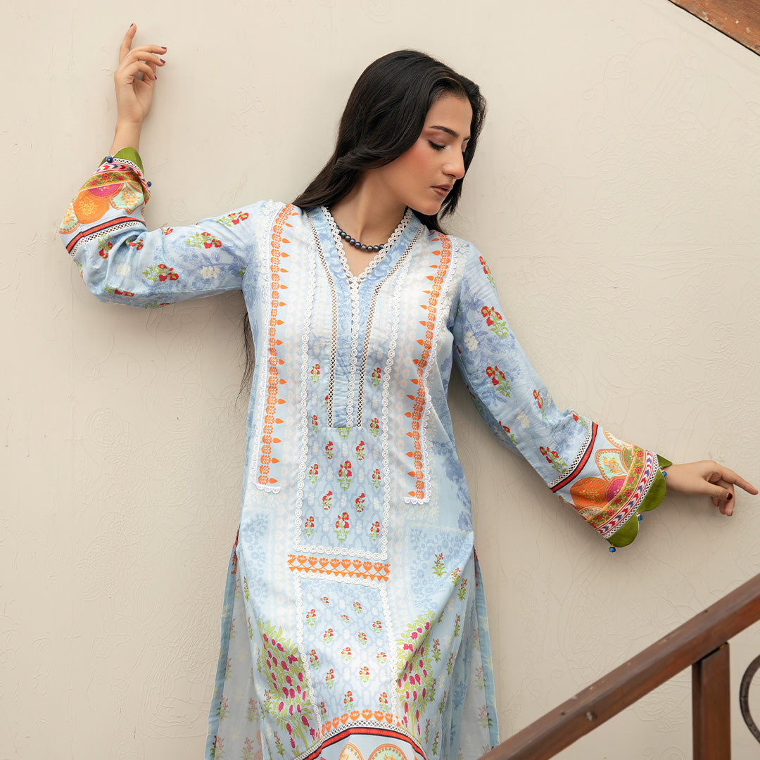 Stitched Lawn 3-Piece in Soft Blue with Multicolor Floral Patterns and Ornate Borders
