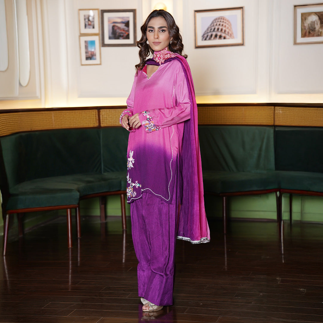 Pure Cotton Net Shirt , Hand Embellished With Sequence & Dabka, Paired With Korean Farshi Shalwar & Medium Silk Dupata