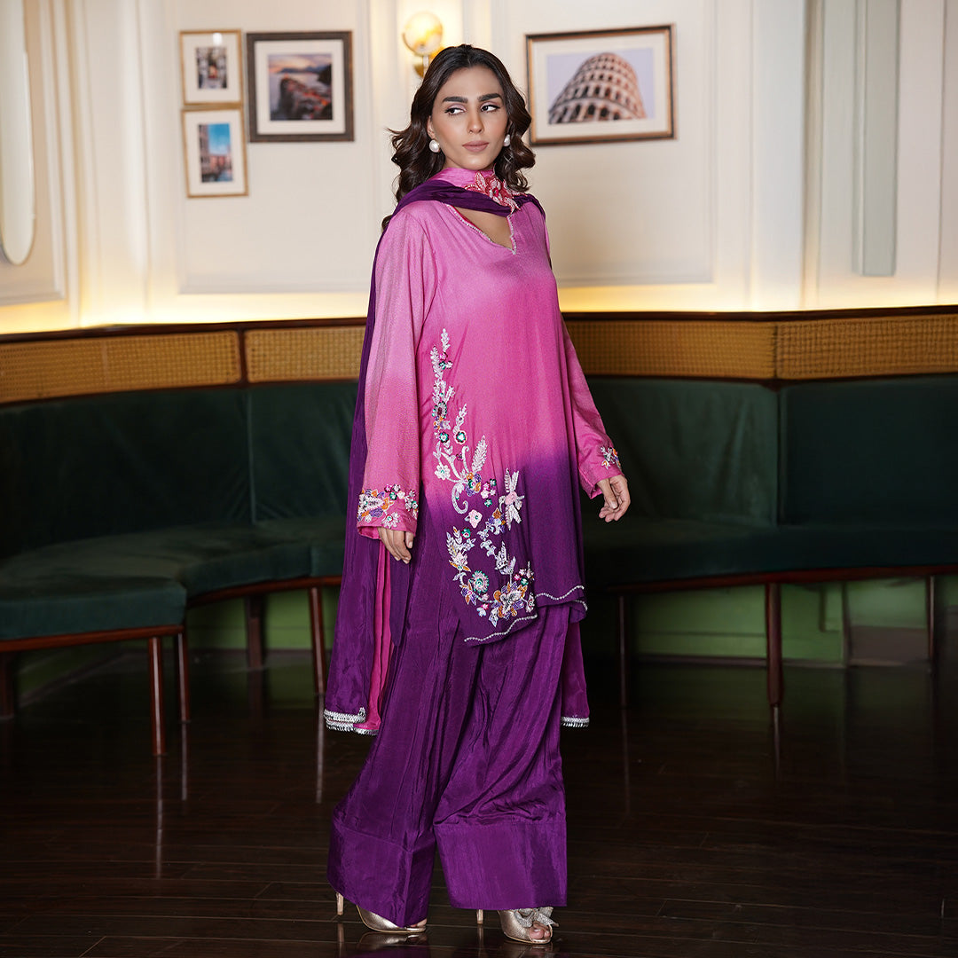 Pure Cotton Net Shirt , Hand Embellished With Sequence & Dabka, Paired With Korean Farshi Shalwar & Medium Silk Dupata