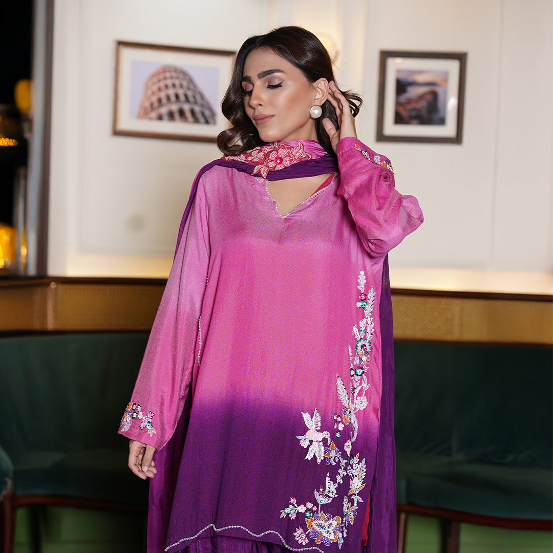 Pure Cotton Net Shirt , Hand Embellished With Sequence & Dabka, Paired With Korean Farshi Shalwar & Medium Silk Dupata