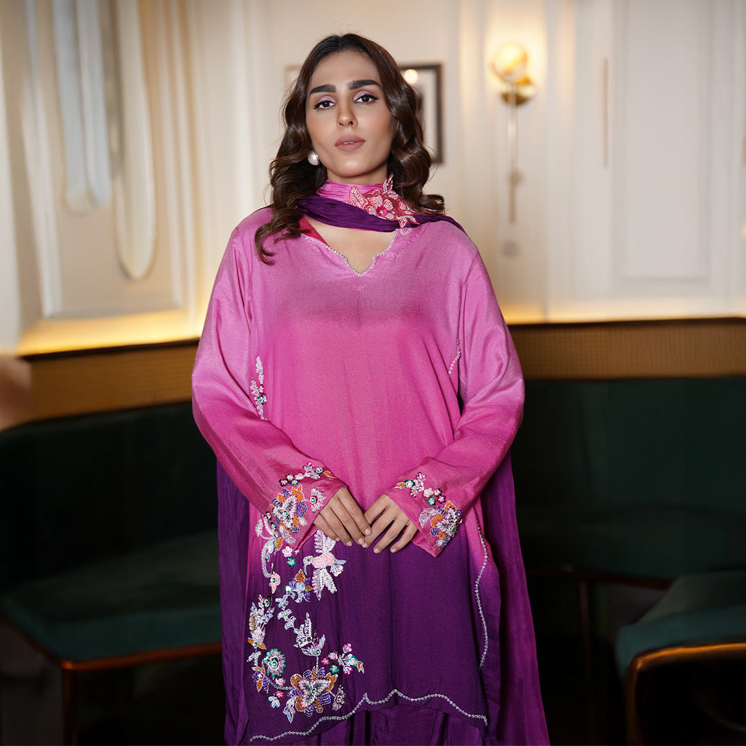 Pure Cotton Net Shirt , Hand Embellished With Sequence & Dabka, Paired With Korean Farshi Shalwar & Medium Silk Dupata