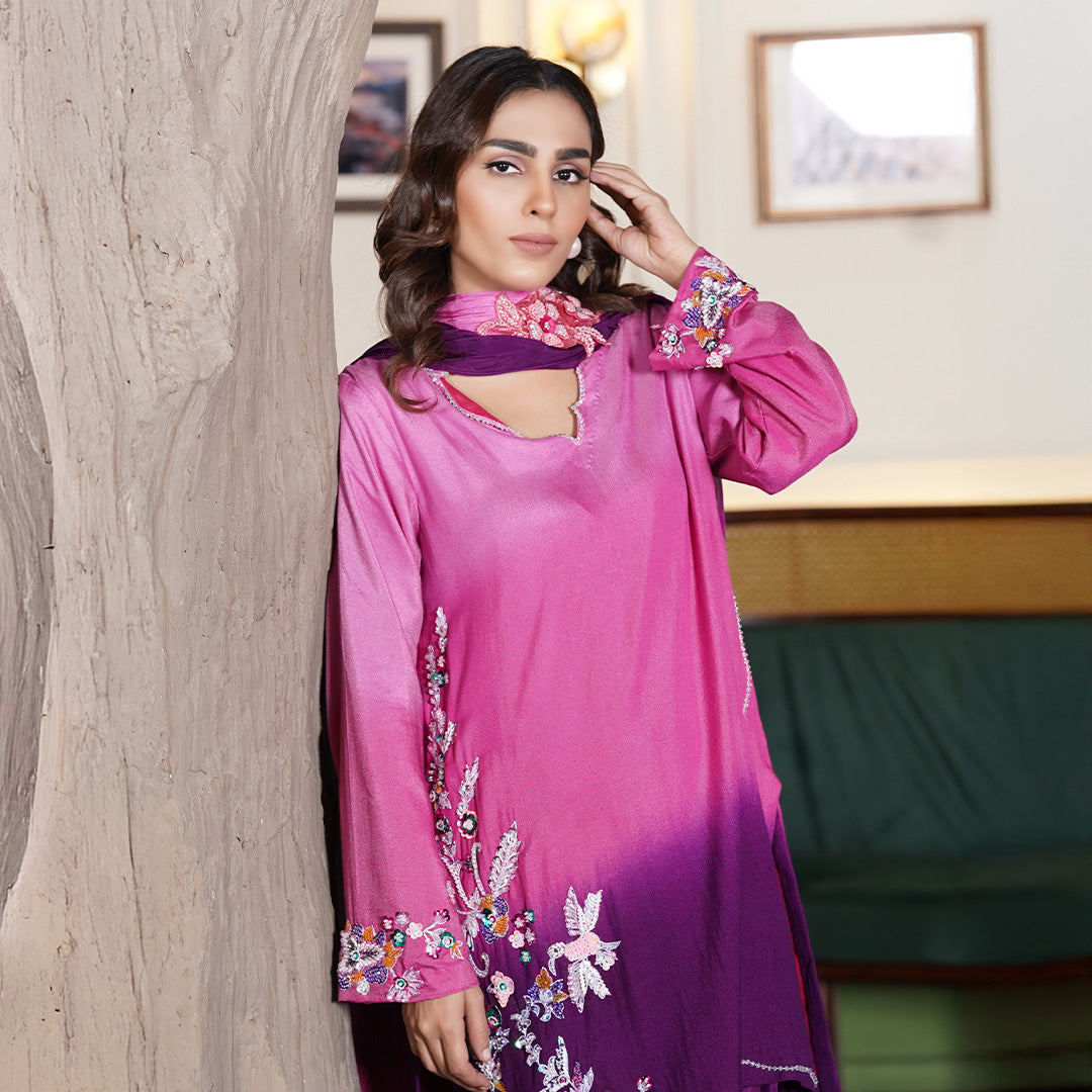 Pure Cotton Net Shirt , Hand Embellished With Sequence & Dabka, Paired With Korean Farshi Shalwar & Medium Silk Dupata