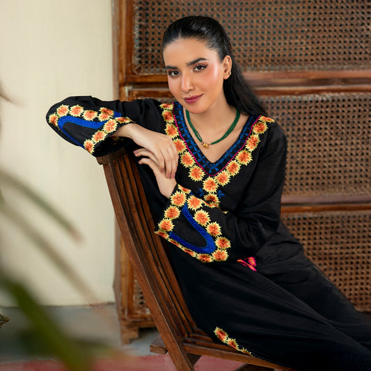 Stitched Koren Silk Suit with Floral Embroidery
