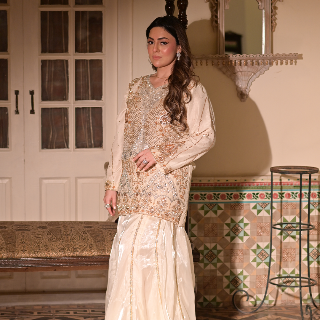 Heavy Silk Beig Colour Embelished Shirt and Lama Silk Trouser.
