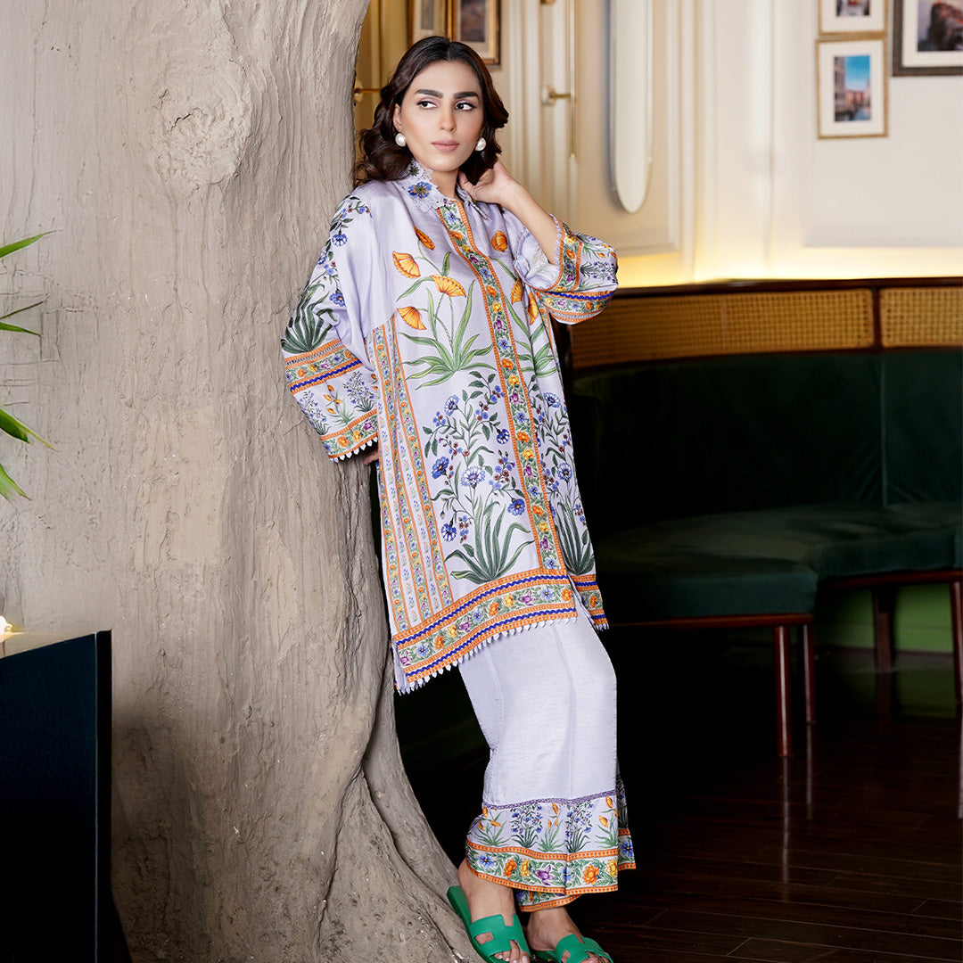 2 Piece Stiched Digital Print Co Ord On Pure Raw Silk