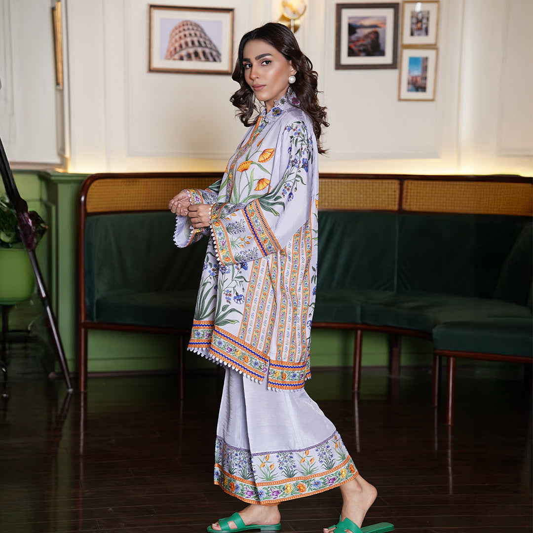 2 Piece Stiched Digital Print Co Ord On Pure Raw Silk