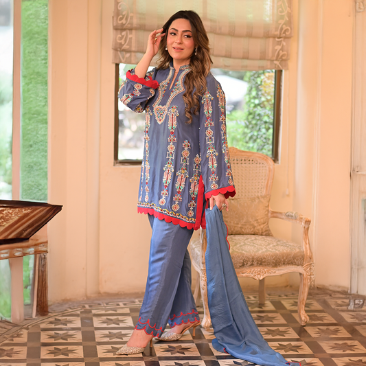 Our Hand Embroiderd and Crafted Embelishments is a work of Art in this Blue Shirt and Trouser of 2025.