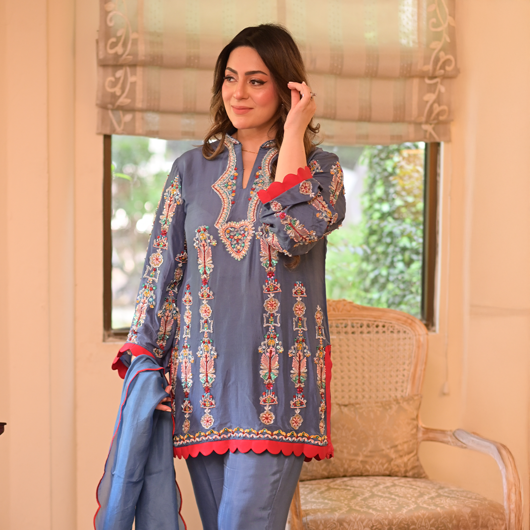 Our Hand Embroiderd and Crafted Embelishments is a work of Art in this Blue Shirt and Trouser of 2025.