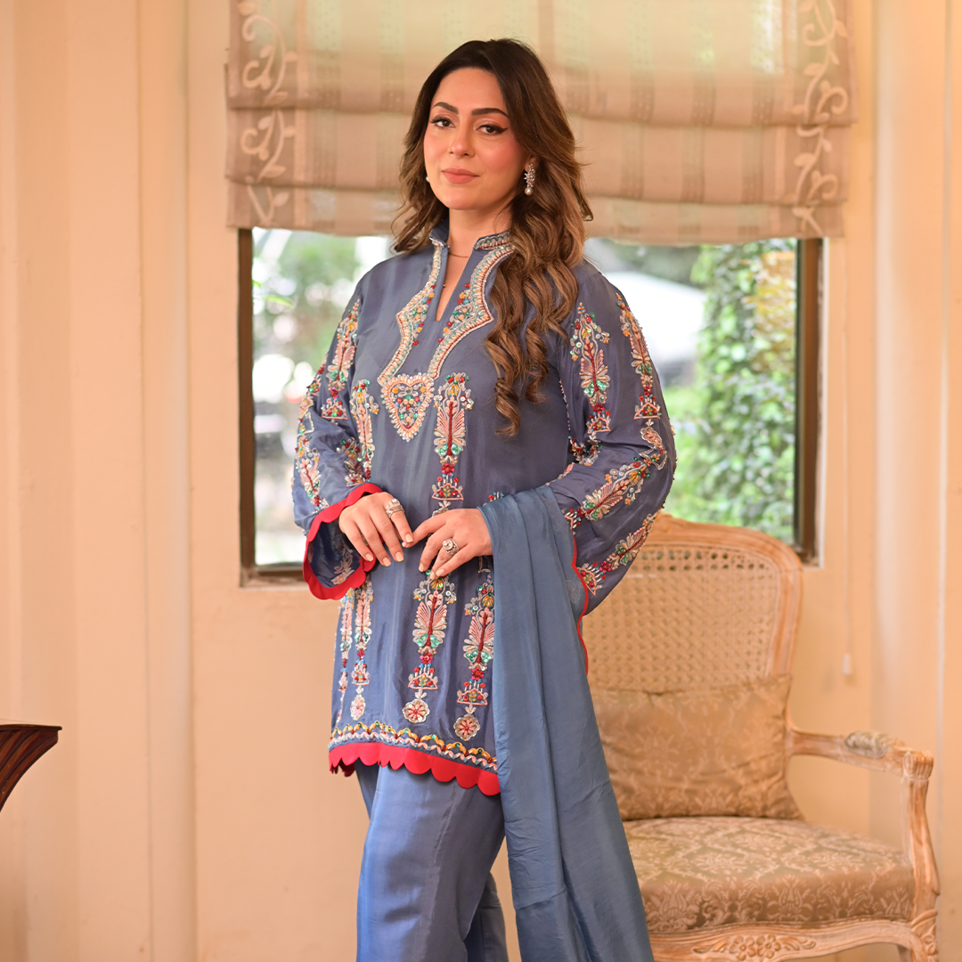 Our Hand Embroiderd and Crafted Embelishments is a work of Art in this Blue Shirt and Trouser of 2025.