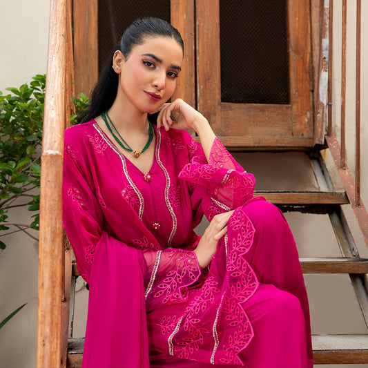 Luxe Embroidered Tussel Silk Suit in Vibrant Pink with Subtle Leaf Motifs