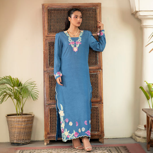 3-Piece Stitched Koren Silk Suit with Floral Embroidery