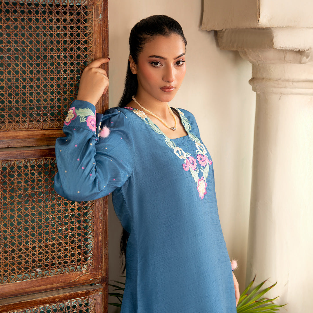 3-Piece Stitched Koren Silk Suit with Floral Embroidery
