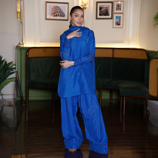 On Pure Korean Silk With Medium Silk Dupata & Embellishment With Laces