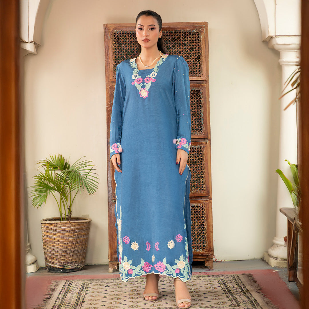 3-Piece Stitched Koren Silk Suit with Floral Embroidery