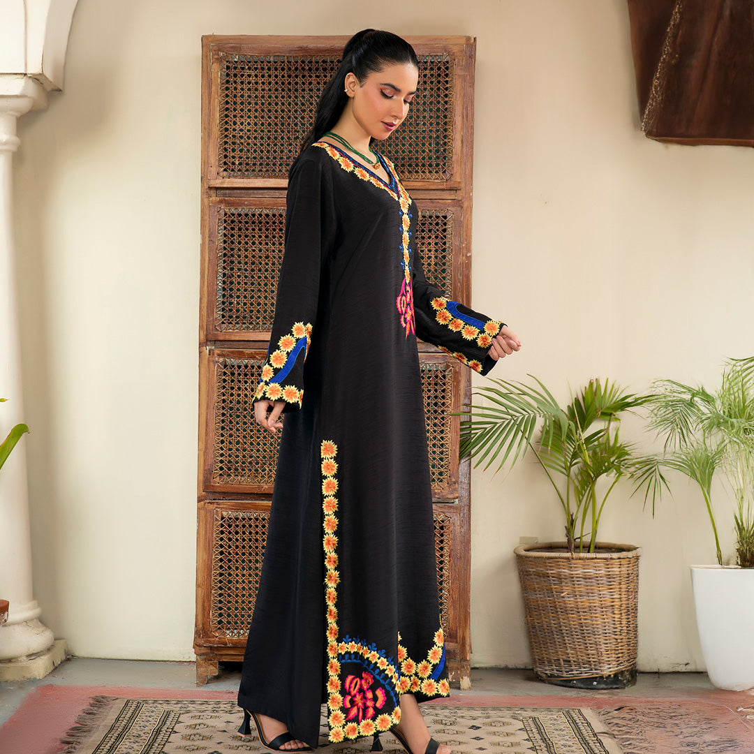 Stitched Koren Silk Suit with Floral Embroidery