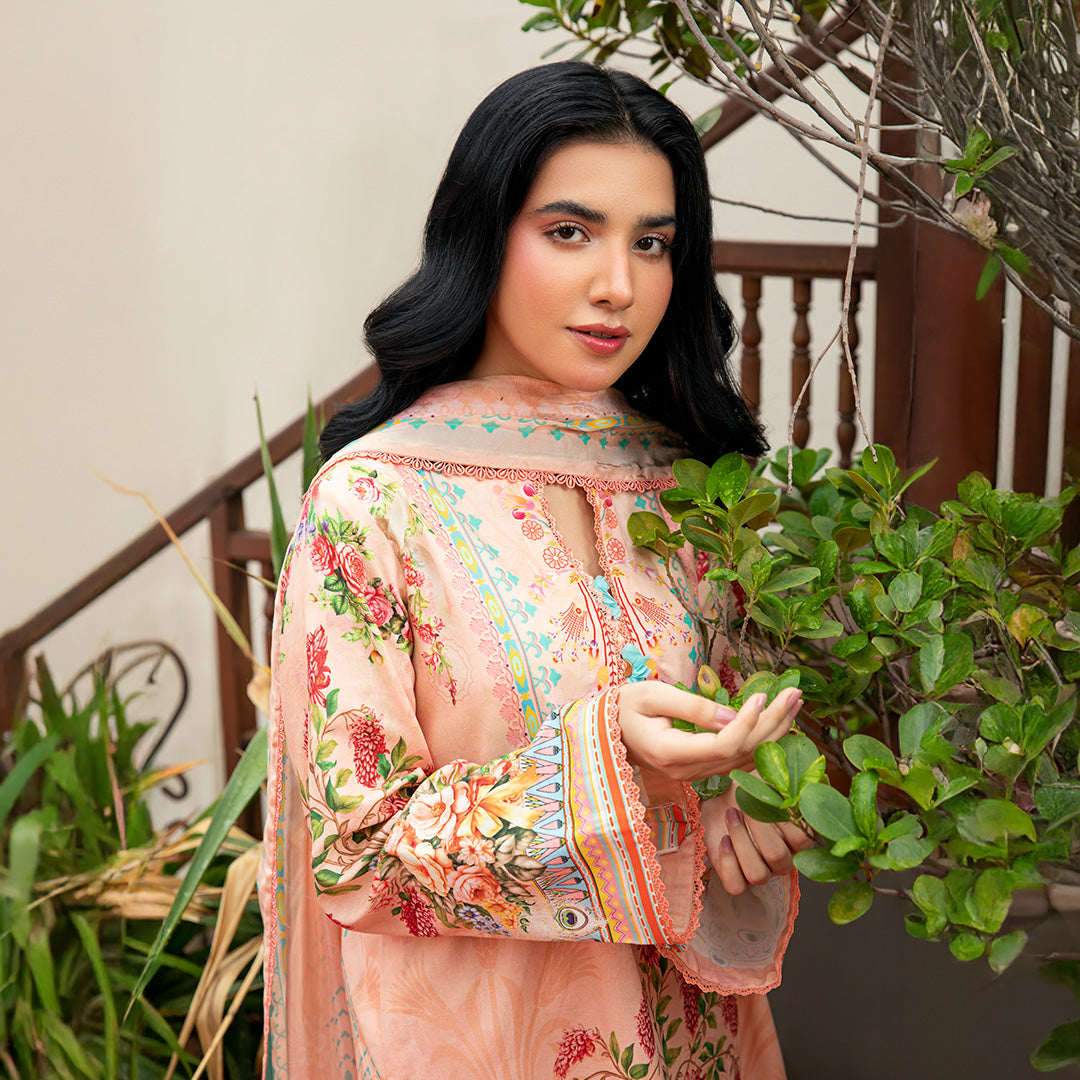Elegant 3-Piece Stitched Lawn Ensemble with Artistic Florals & Pastel Charm