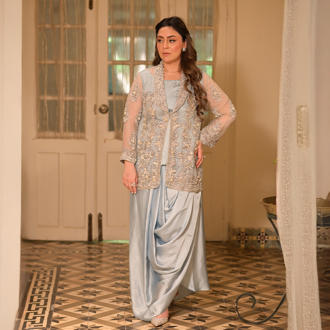 Blue Organza Heavy Embelishment Jacket with Pure Shamoz Silk Sardee Skirt.