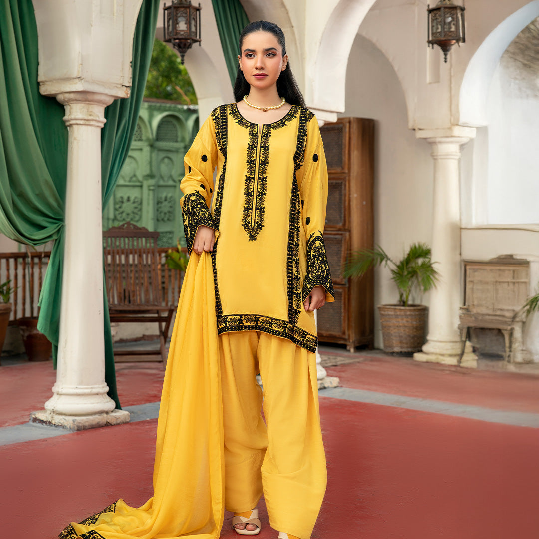 Elegant Yellow 3PC Tussle Silk Suit with Classic Black Contrast