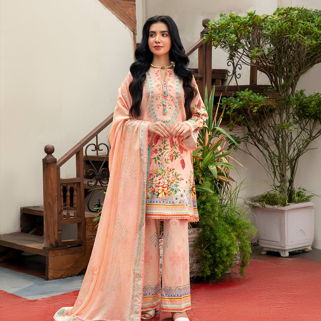 Elegant 3-Piece Stitched Lawn Ensemble with Artistic Florals & Pastel Charm