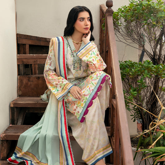 3-Piece Stitched Lawn Suit with Vibrant Floral Artwork and Striking Borders