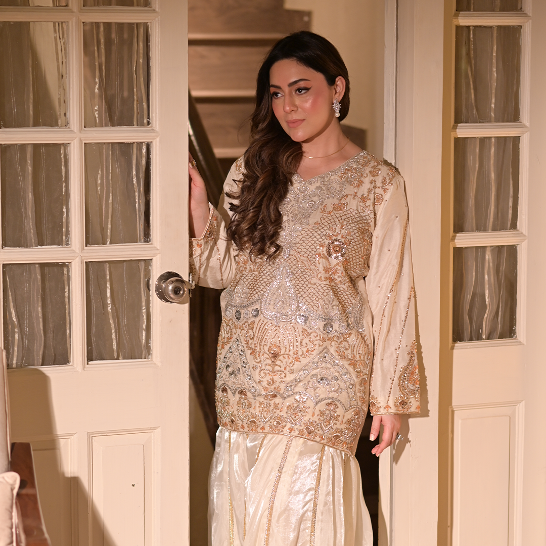 Heavy Silk Beig Colour Embelished Shirt and Lama Silk Trouser.
