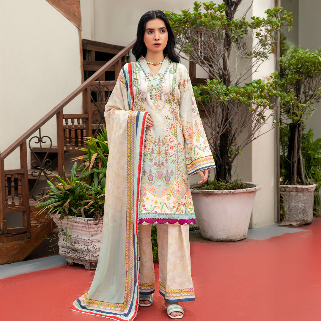 3-Piece Stitched Lawn Suit with Vibrant Floral Artwork and Striking Borders