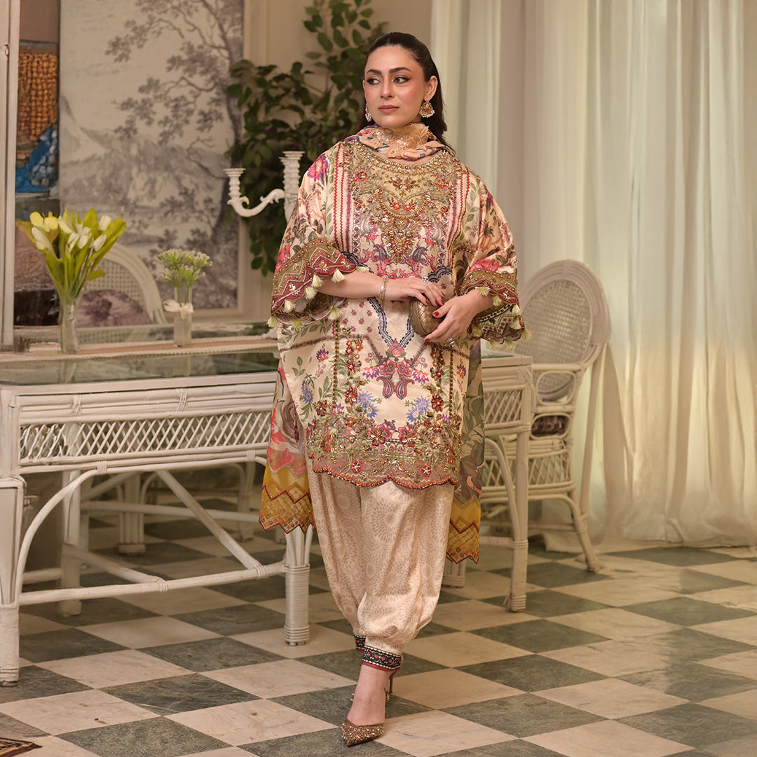 Digital print on pure shamoz with hand embroidery and embellishments paired with organza dupata