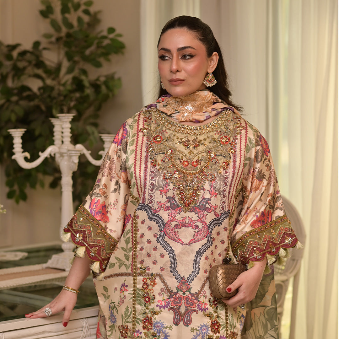 Digital print on pure shamoz with hand embroidery and embellishments paired with organza dupata
