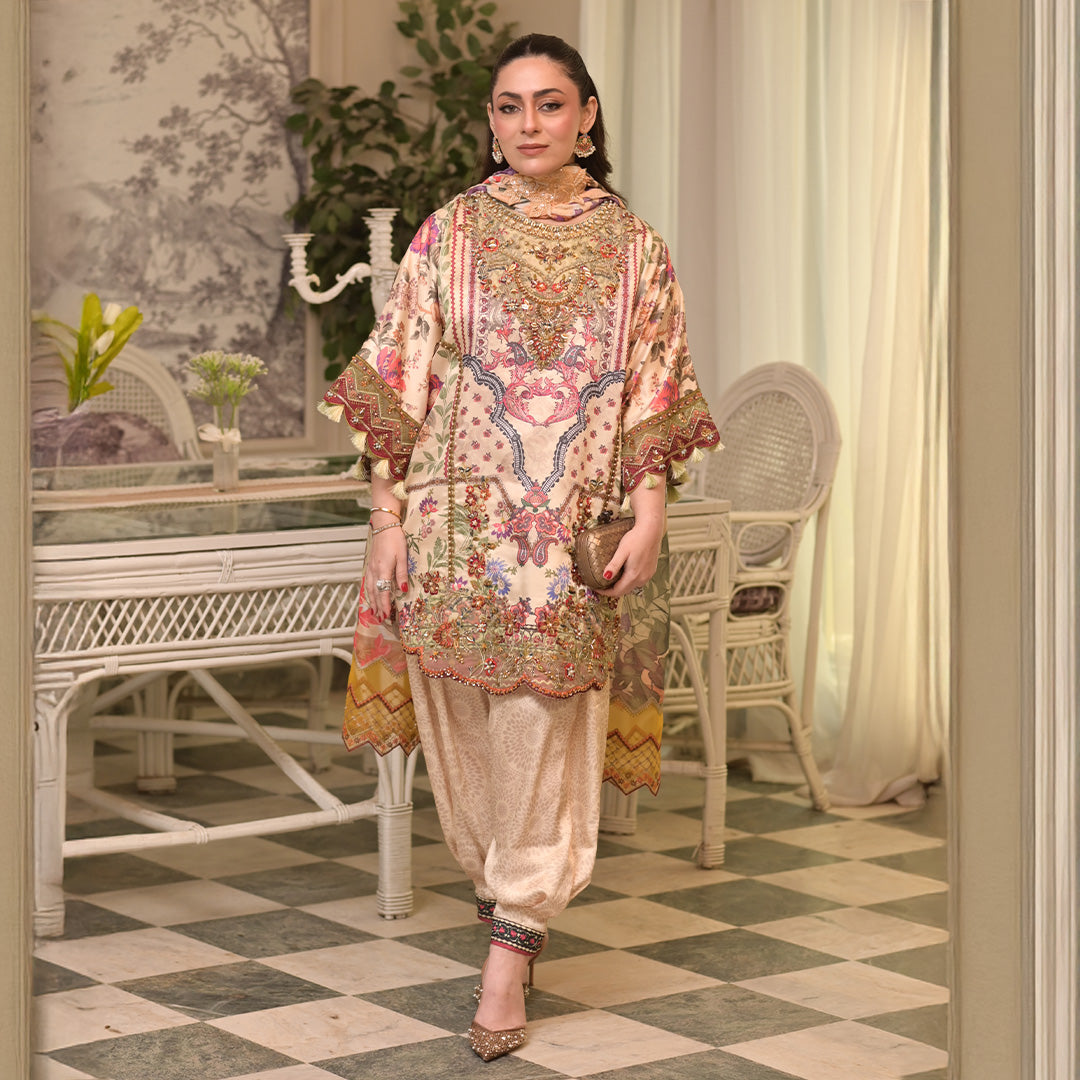 Digital print on pure shamoz with hand embroidery and embellishments paired with organza dupata