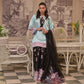 On pure shamoz silk with hand embellishments paired with black digital print hand embellished Farsi shalwar and organza dupatta. Dupatta has work also