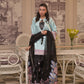 On pure shamoz silk with hand embellishments paired with black digital print hand embellished Farsi shalwar and organza dupatta. Dupatta has work also