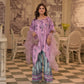 On pure shamoz silk digital printed three piece stitched suit paired with Farsi shalwar, with hand embellishments