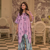 On pure shamoz silk digital printed three piece stitched suit paired with Farsi shalwar, with hand embellishments