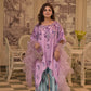 On pure shamoz silk digital printed three piece stitched suit paired with Farsi shalwar, with hand embellishments