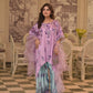 On pure shamoz silk digital printed three piece stitched suit paired with Farsi shalwar, with hand embellishments