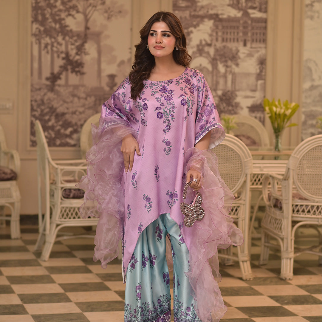 On pure shamoz silk digital printed three piece stitched suit paired with Farsi shalwar, with hand embellishments