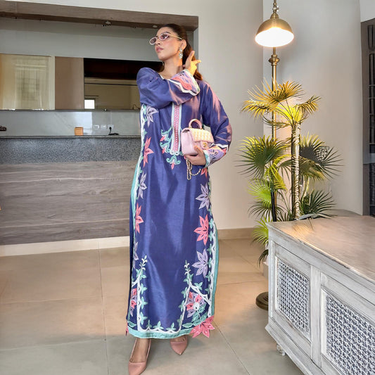 Purple Korean Silk Shirt and Trouser , Hand Crafted Embroidery with Appilque Floral Designe