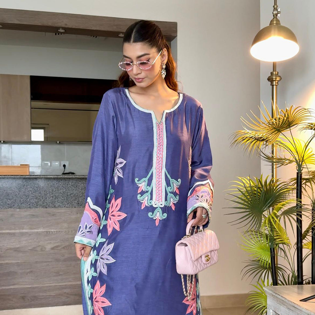 Purple Korean Silk Shirt and Trouser , Hand Crafted Embroidery with Appilque Floral Designe