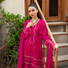 Luxe Embroidered Tussel Silk Suit in Vibrant Pink with Subtle Leaf Motifs