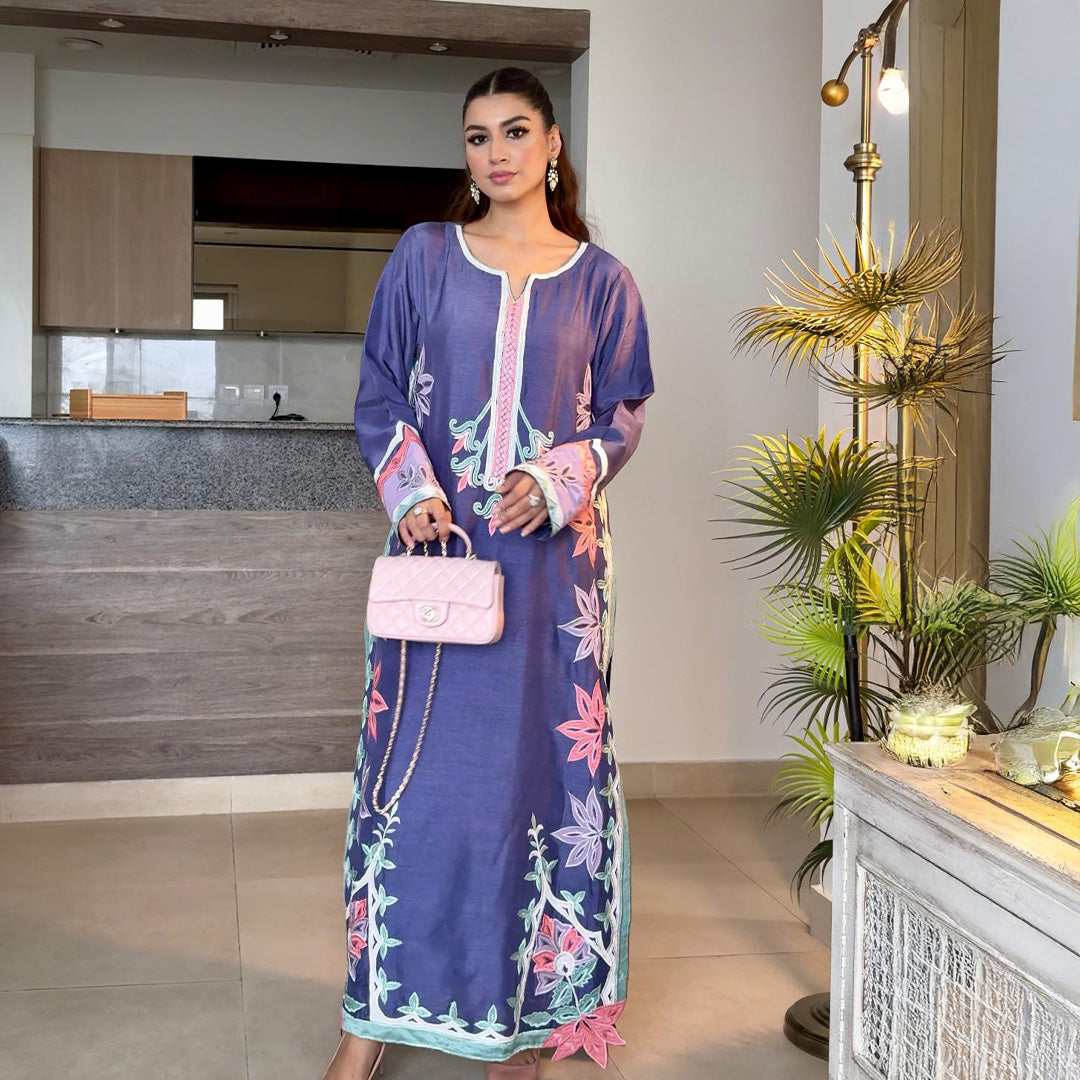 Purple Korean Silk Shirt and Trouser , Hand Crafted Embroidery with Appilque Floral Designe
