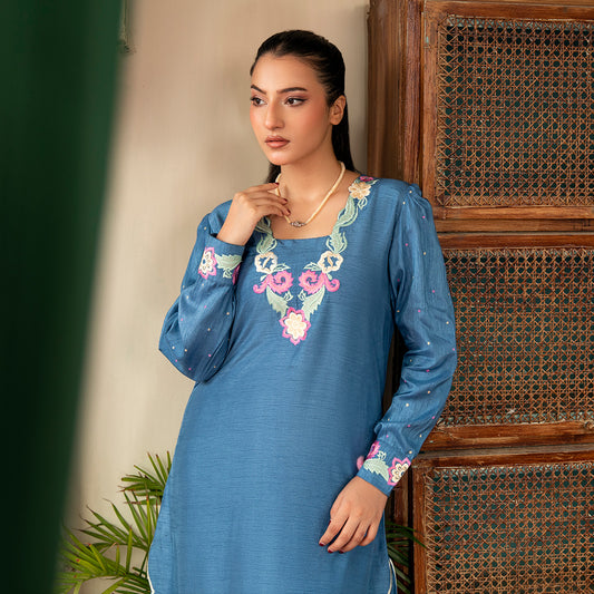 3-Piece Stitched Koren Silk Suit with Floral Embroidery