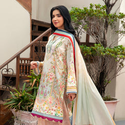 3-Piece Stitched Lawn Suit with Vibrant Floral Artwork and Striking Borders
