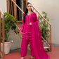 Luxe Embroidered Tussel Silk Suit in Vibrant Pink with Subtle Leaf Motifs
