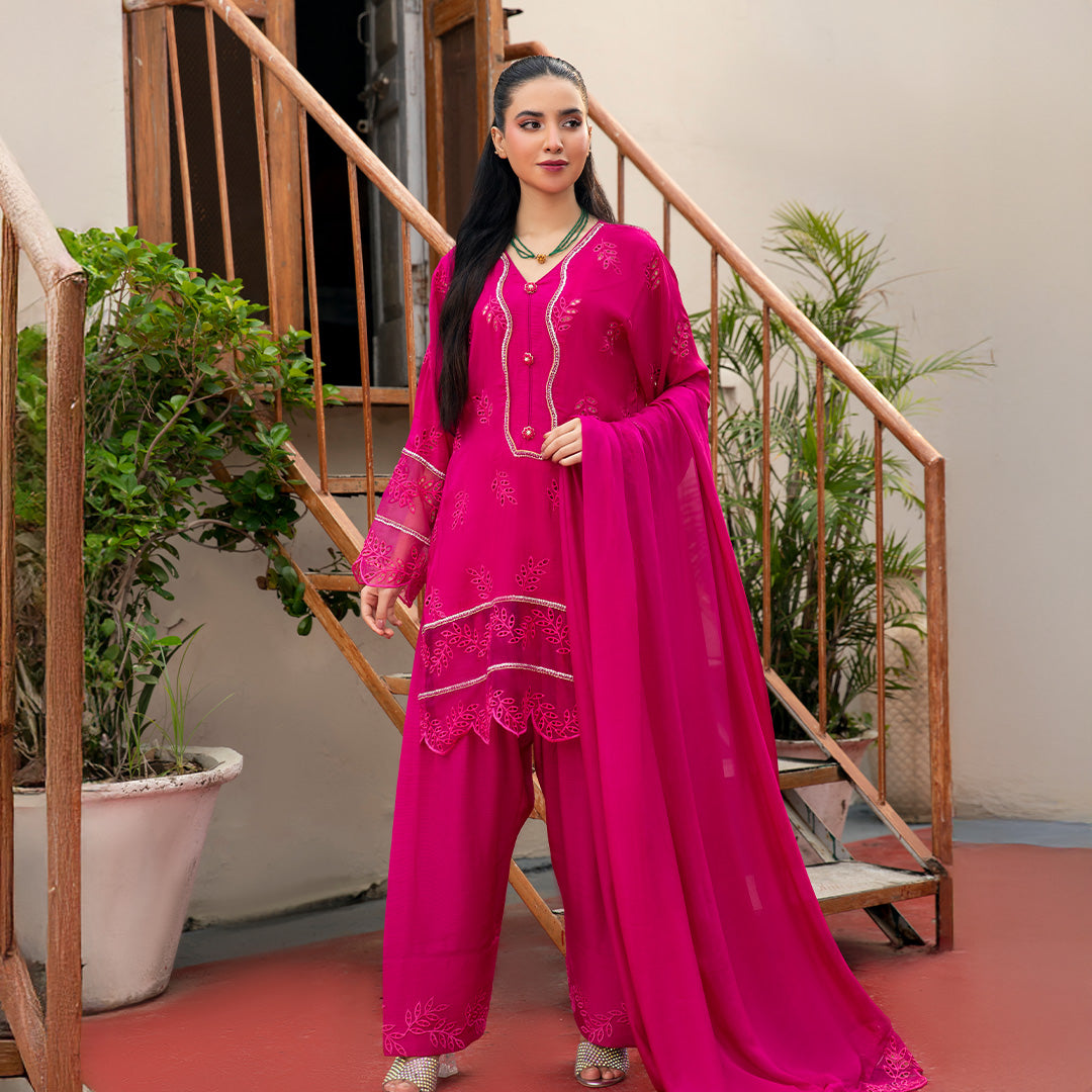 Luxe Embroidered Tussel Silk Suit in Vibrant Pink with Subtle Leaf Motifs