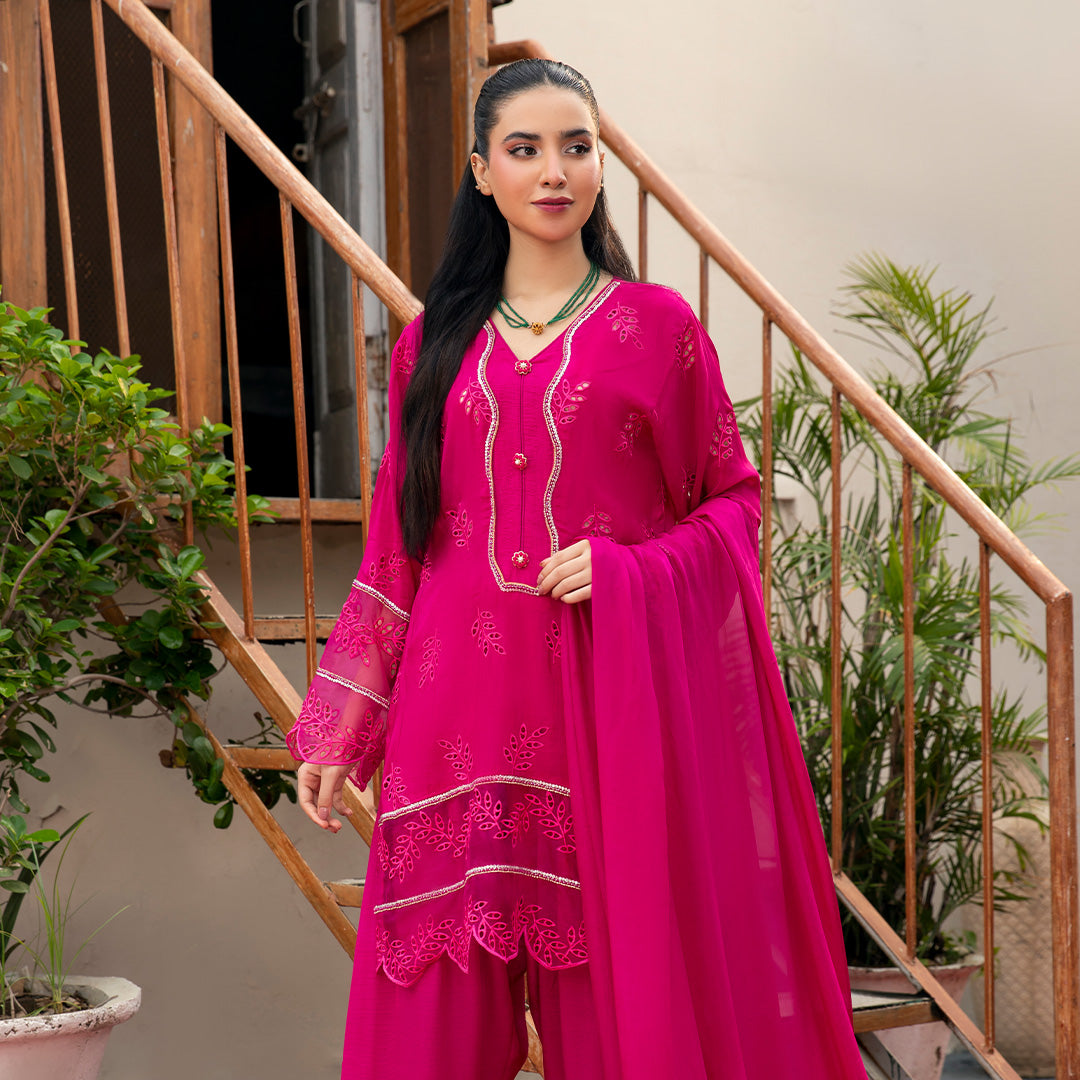 Luxe Embroidered Tussel Silk Suit in Vibrant Pink with Subtle Leaf Motifs