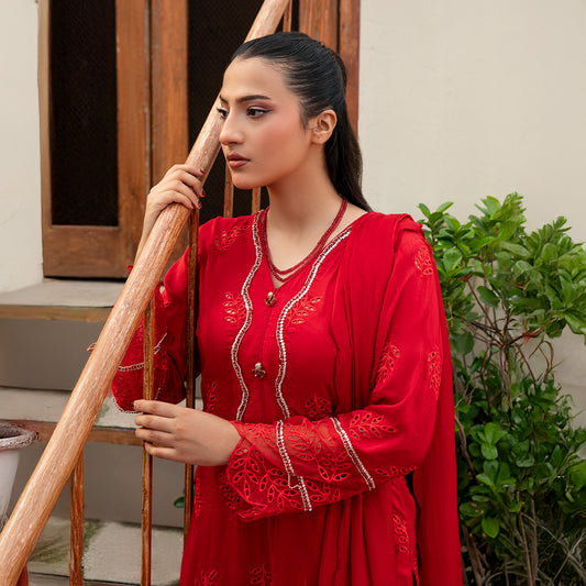 Elegant Red Embroidered Tussel Silk – Ready-to-Wear 3-Piece with Dupatta